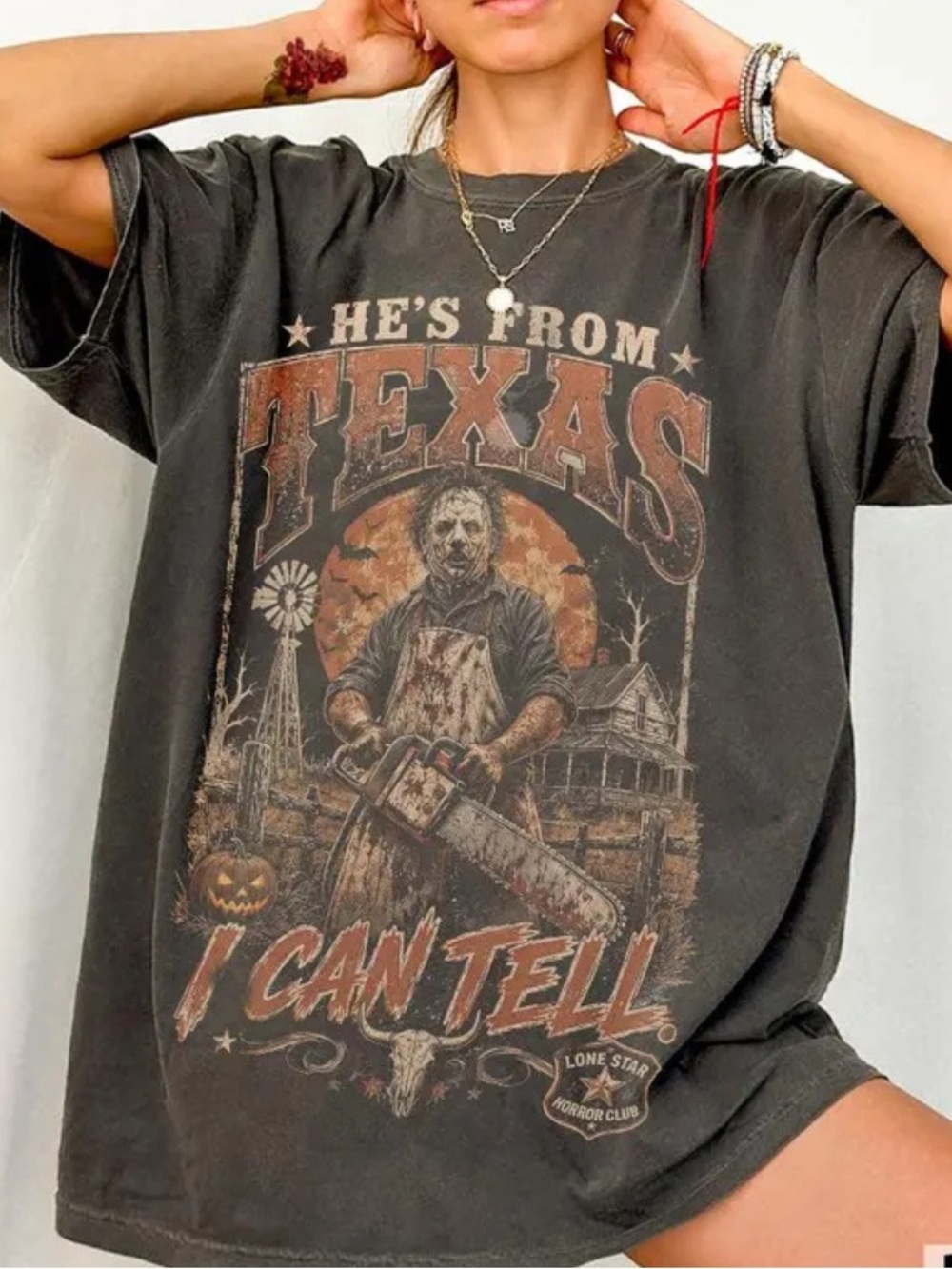 Comfort Men's Horror Graphic Tee, Pepper "He's From Texas", Retro 90s Style